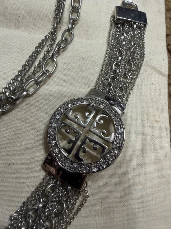 Silver Tone Pendant Necklace and Chain Bracelet Set - Black Accent - Picture 3 of 10